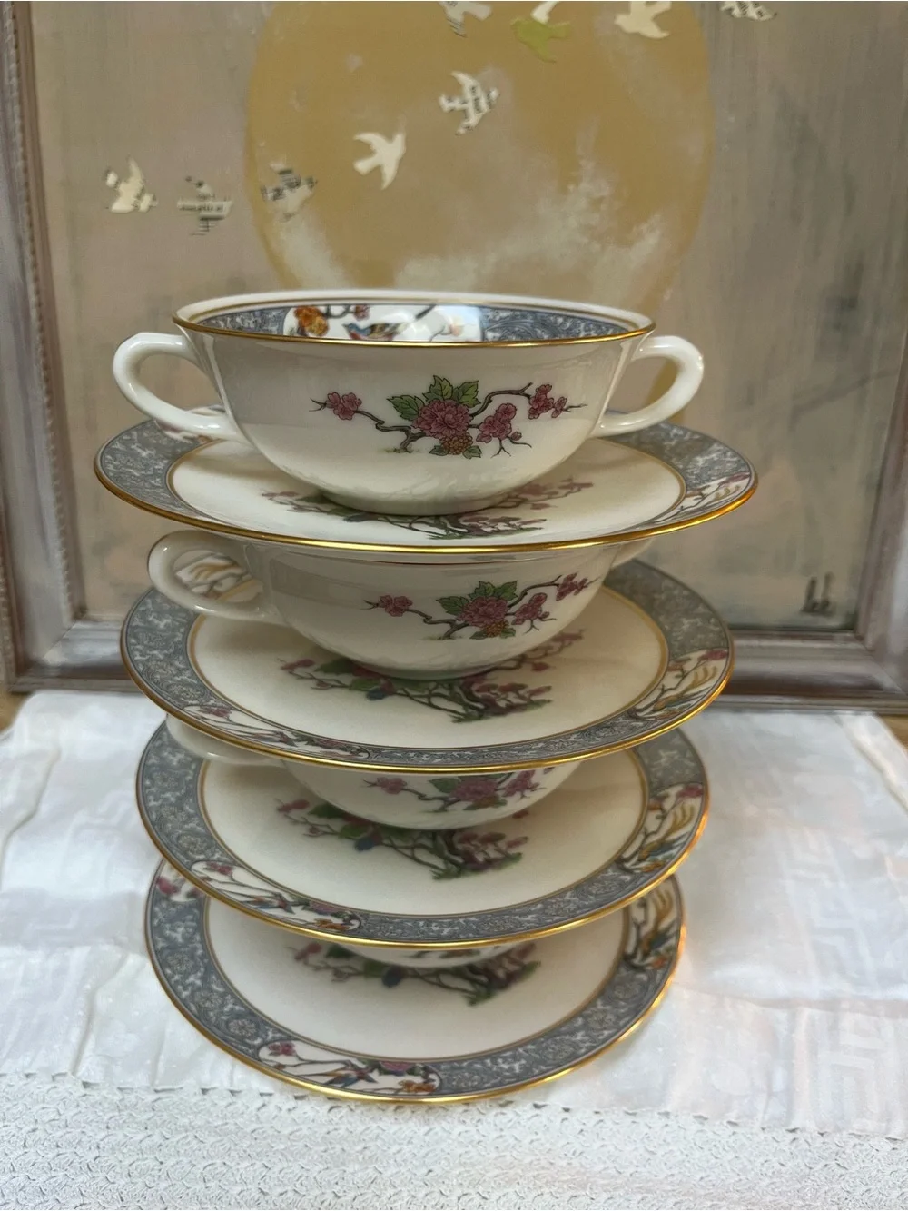 Lenox Ming Bird Floral Two-Handled Soup Cup and Saucer Set of Four Gold Trim